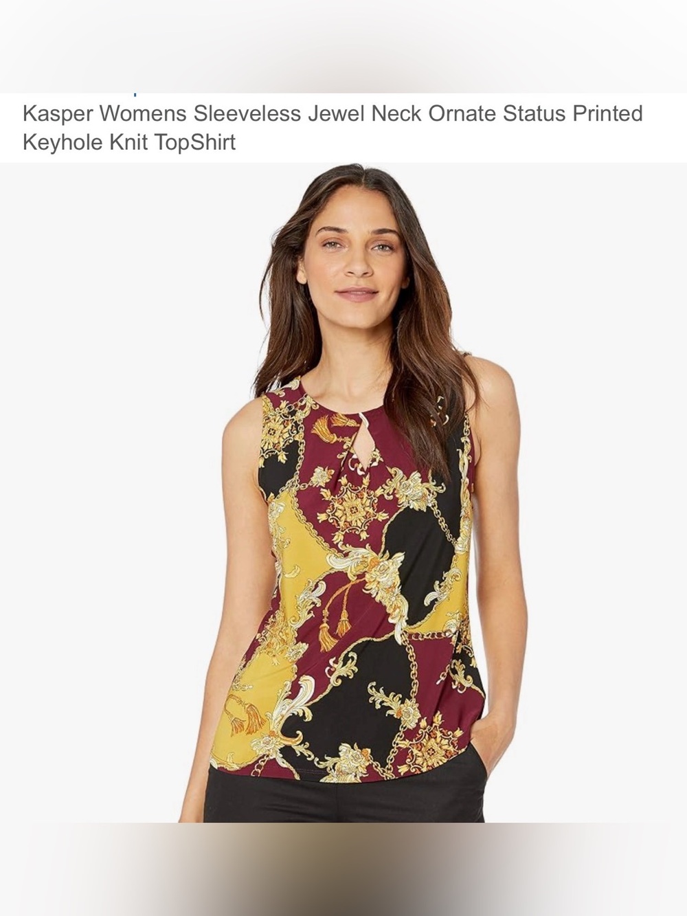 Kasper Ornate Chain Print Jewel Neck Top - Burgundy, Mustard & Black